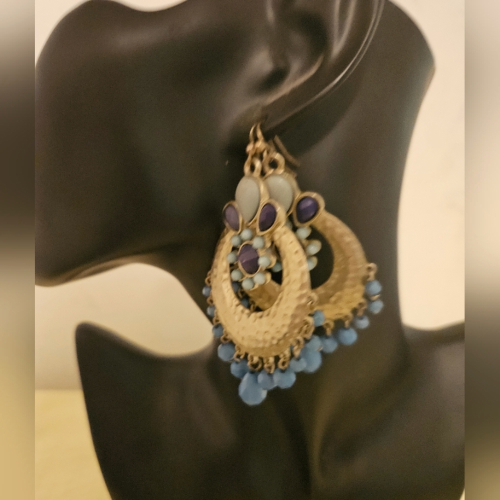 Bohemian Gold and Blue Chandelier Earrings